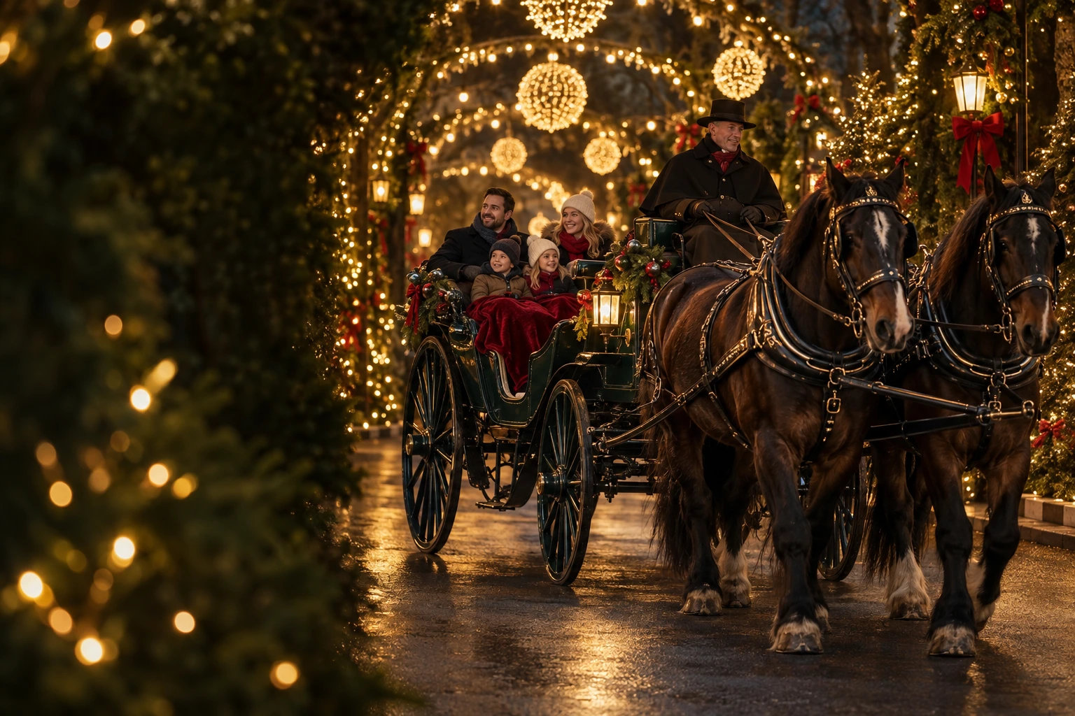 Illustration of a family in a horse-drawn carriage surrounded by Christmas lights