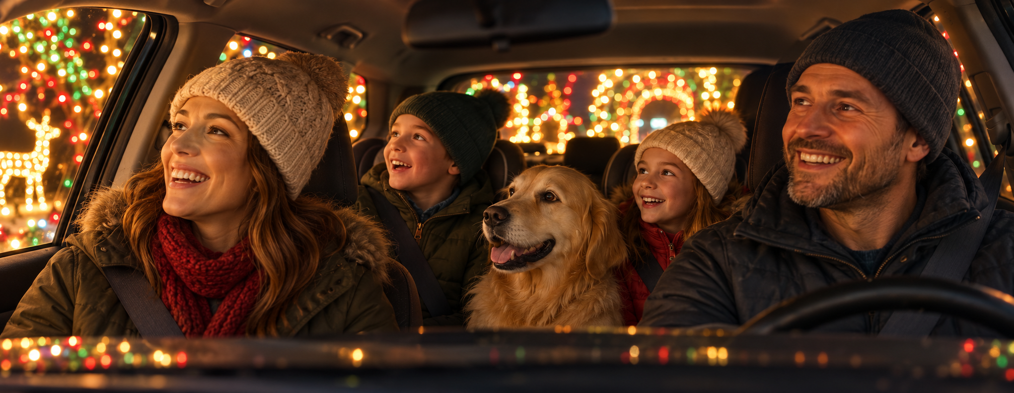 Concept of two delighted children, their parents and their dog sharing a Christmas-light moment from inside their car