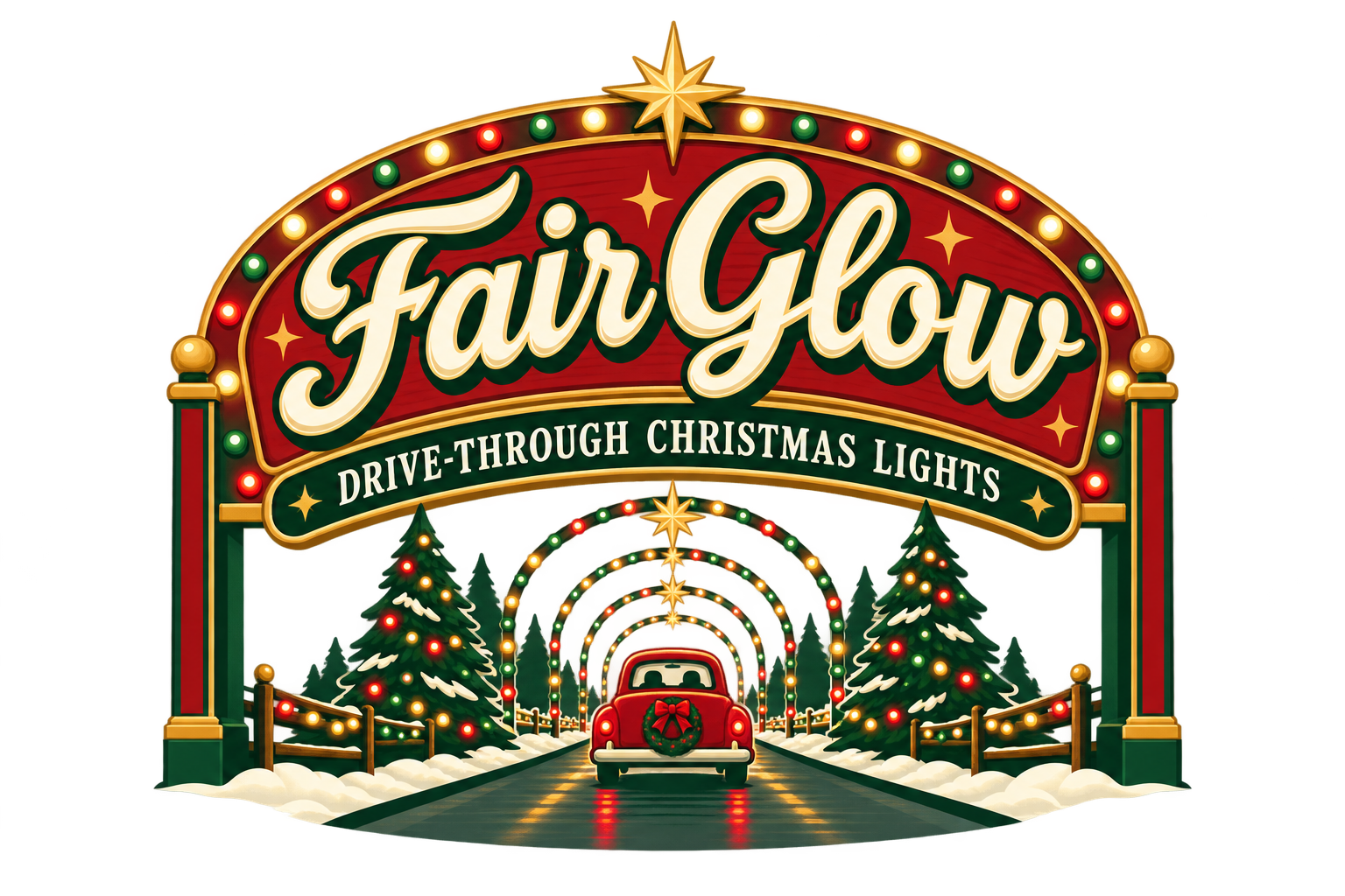 FairGlow drive-through Christmas lights marquee — concept artwork