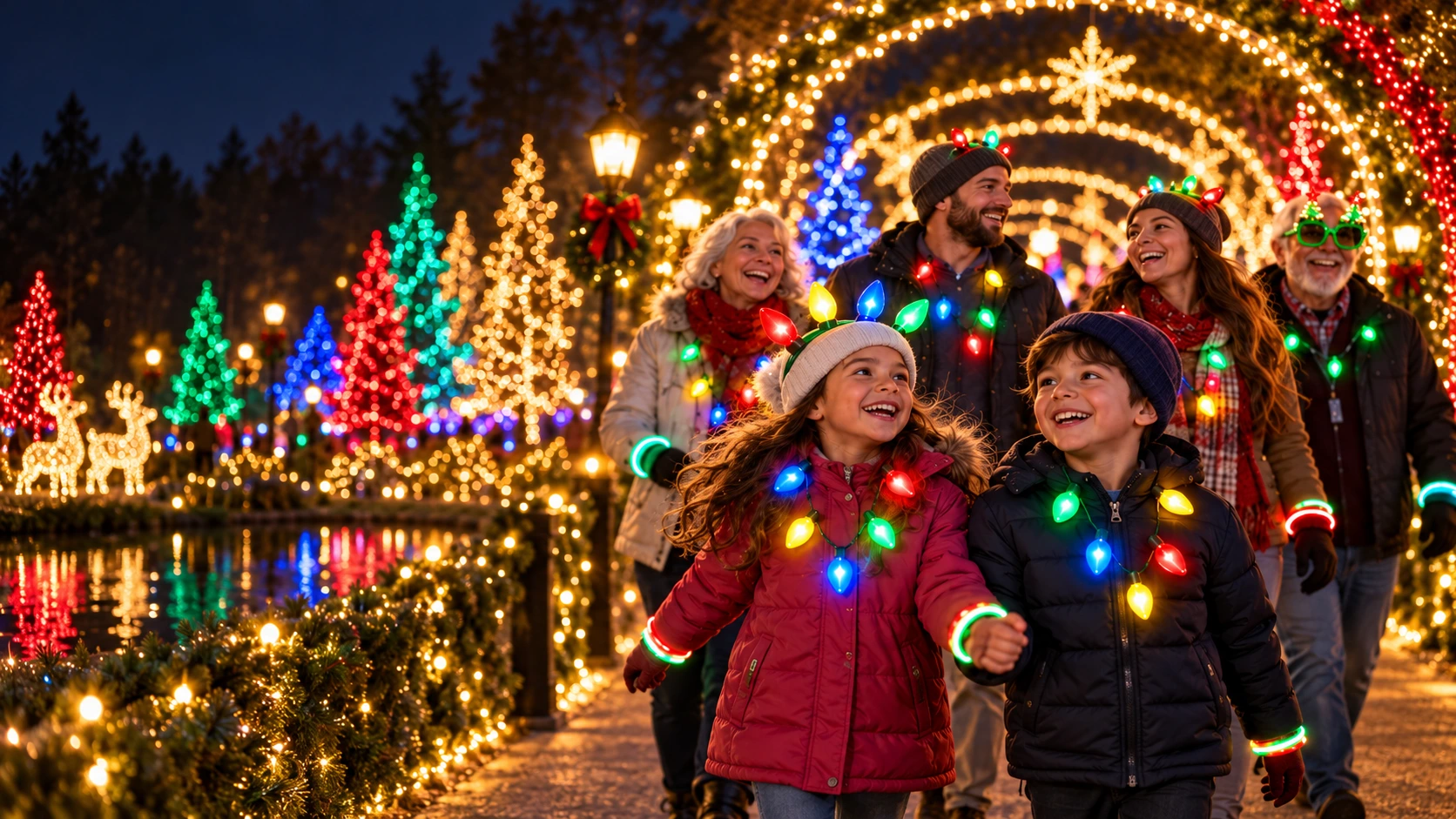Illustration of a family wearing colorful glow accessories as they walk among Christmas lights